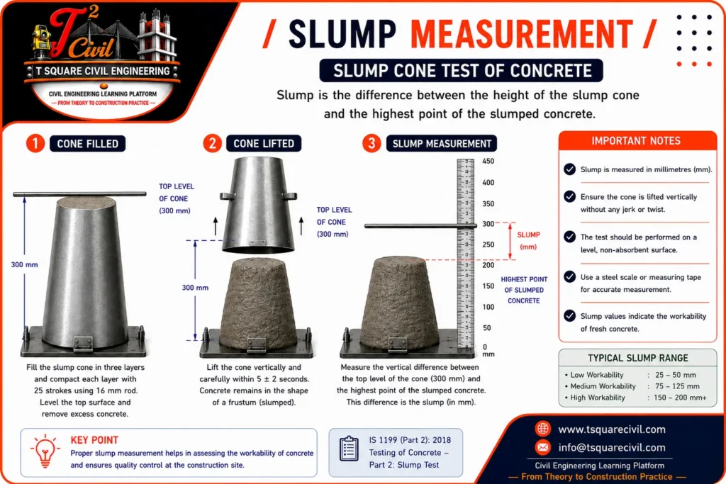 Slump cone test of concrete showing three-layer filling, cone lifting and slump measurement as per IS 1199