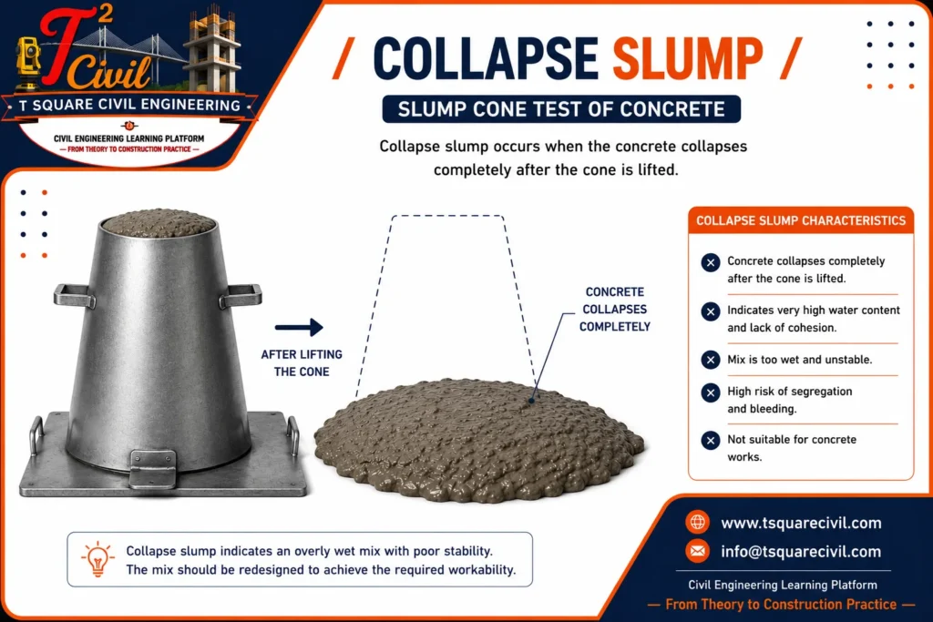 Collapse slump of fresh concrete after lifting the slump cone, showing the concrete collapsing completely due to excessive workability and lack of cohesion during the slump cone test as per IS 1199 (Part 2): 2018.