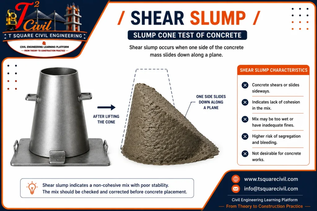 Shear slump of fresh concrete after lifting the slump cone, showing one side of the concrete mass sliding along a plane due to lack of cohesion during the slump cone test as per IS 1199 (Part 2): 2018.