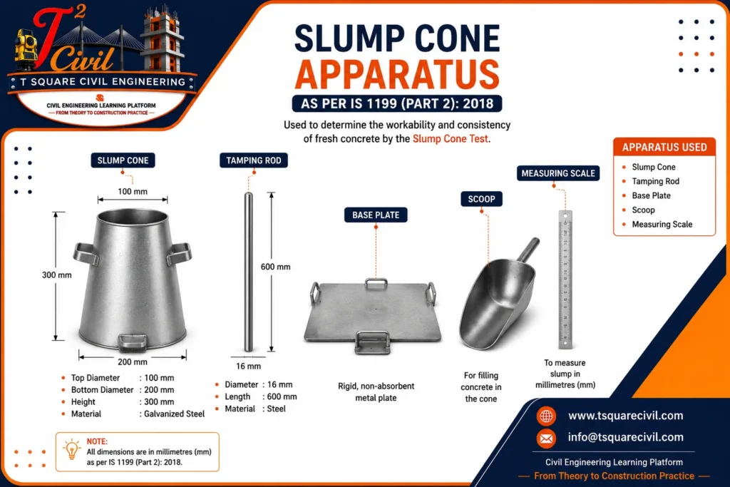 Slump cone test apparatus showing the slump cone, tamping rod, base plate, scoop and measuring scale used to determine the workability and consistency of fresh concrete as per IS 1199 (Part 2): 2018.