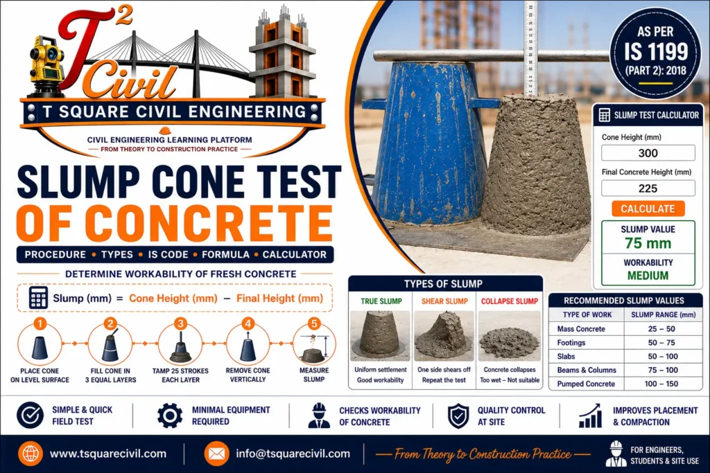 Slump Cone Test of Concrete Procedure Types IS Code Formula Calculator
