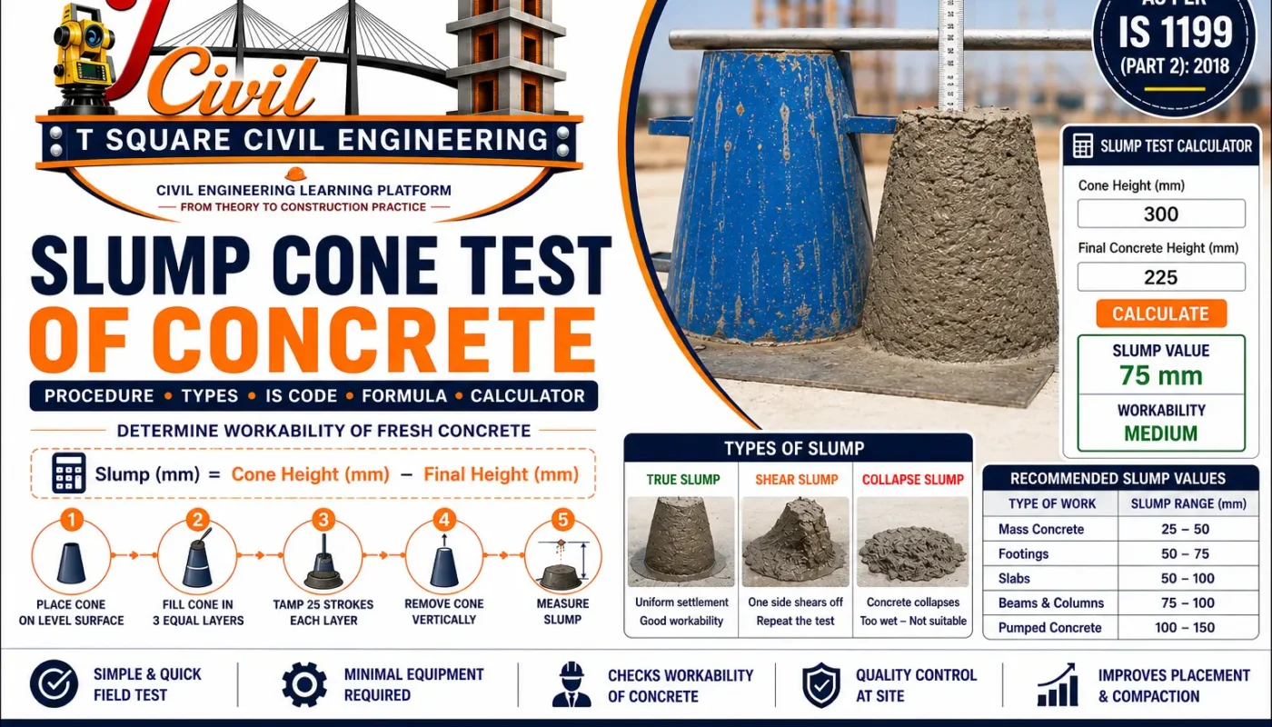 Slump Cone Test of Concrete Procedure Types IS Code Formula Calculator