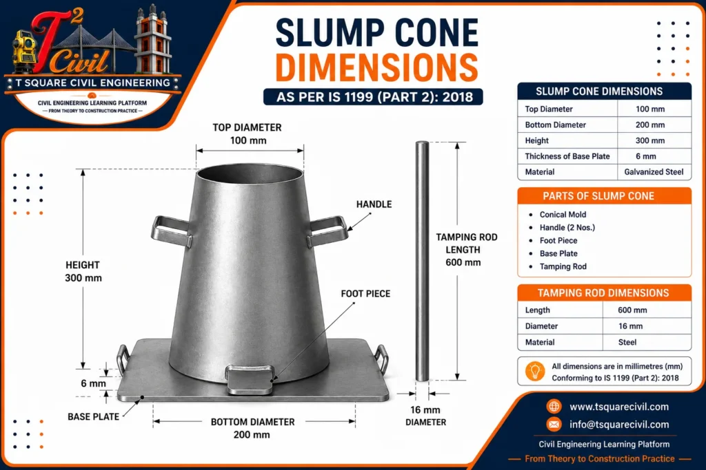 Slump cone dimensions with tamping rod showing 300 mm height, 100 mm top diameter, 200 mm bottom diameter and 16 mm × 600 mm tamping rod as per IS 1199 (Part 2): 2018.