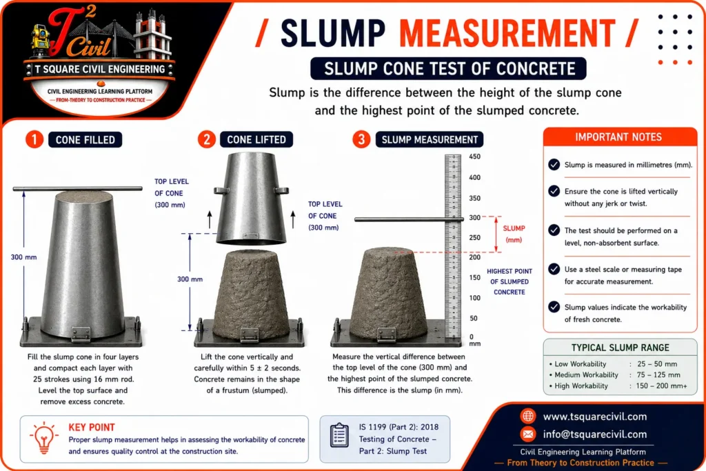 Slump measurement infographic showing the concrete slump test procedure with a filled slump cone, vertically lifted cone and measurement of slump using a graduated steel scale and tamping rod as per IS 1199 (Part 2): 2018.