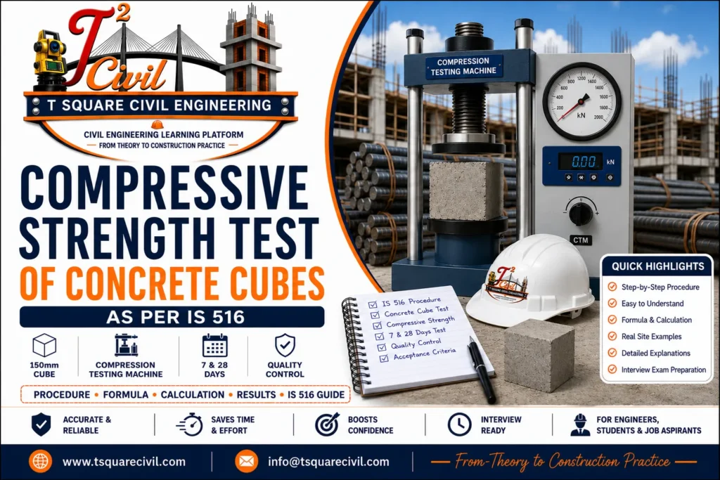 Compressive Strength Test of Concrete Cubes – IS 516 Poster advertising the compressive strength test of concrete cubes, showing a compression testing machine, a concrete cube, and a safety helmet with a construction backdrop.