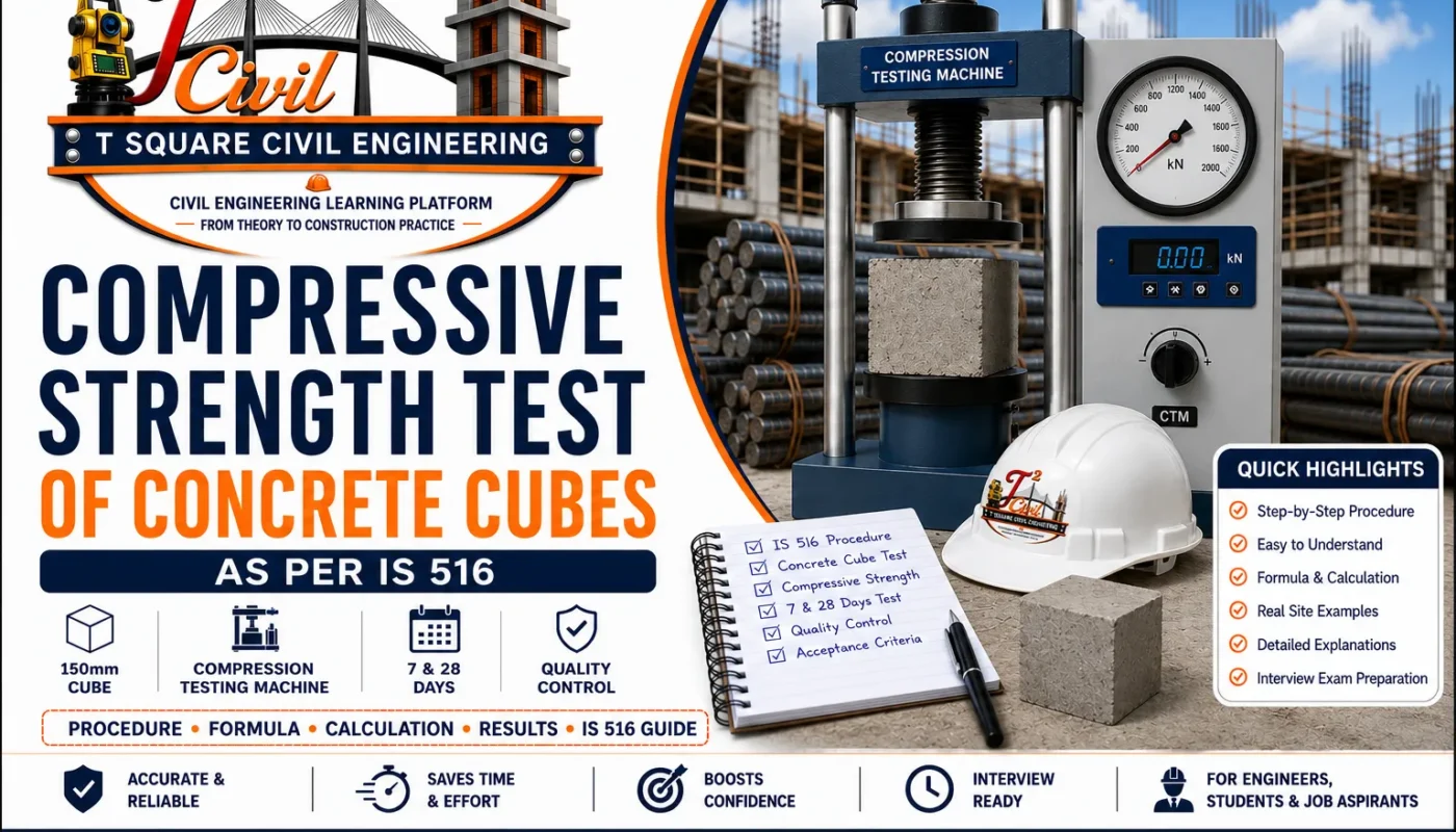 Poster advertising the compressive strength test of concrete cubes, showing a compression testing machine, a concrete cube, and a safety helmet with a construction backdrop.