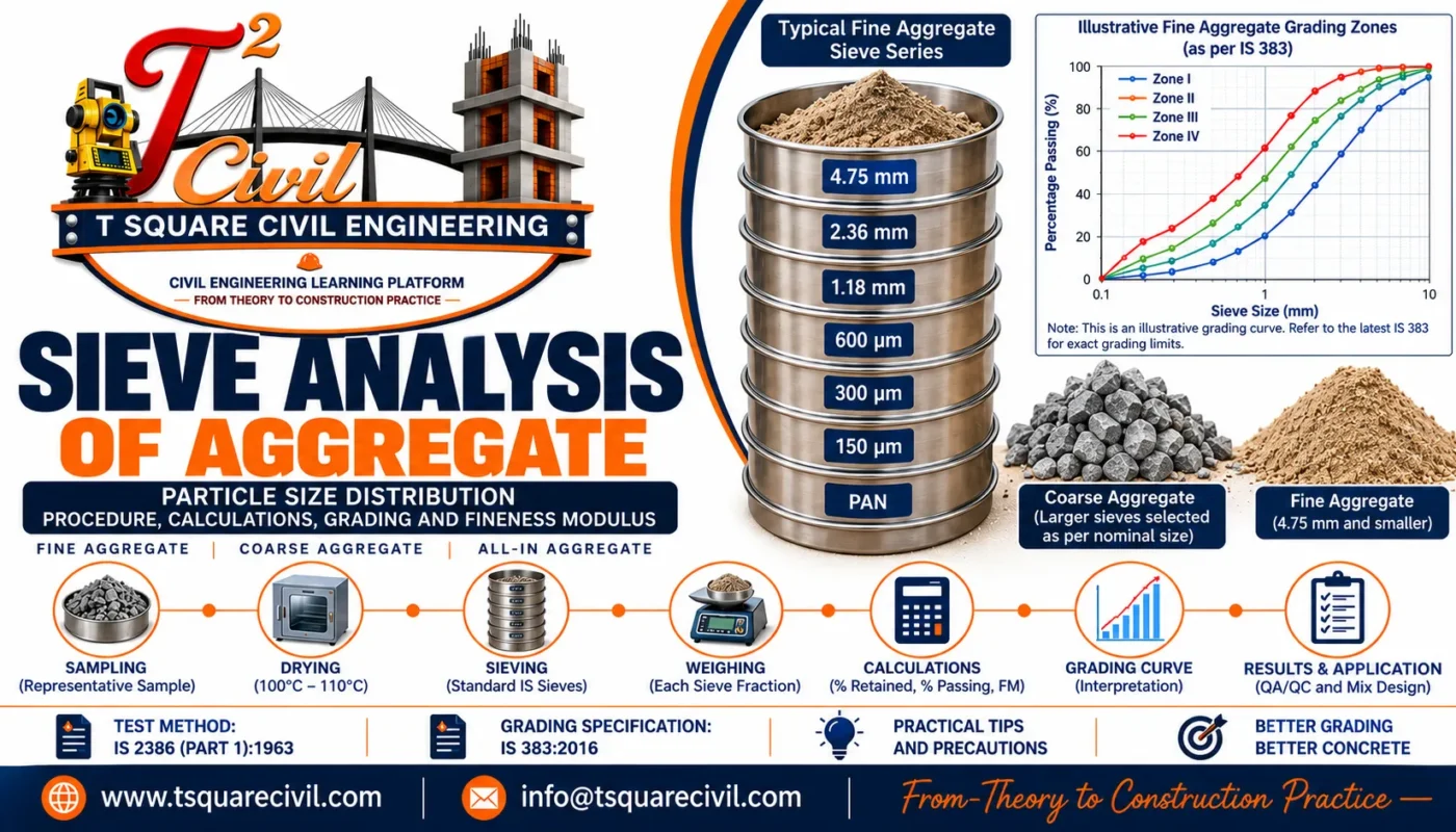 Sieve analysis of aggregate showing fine aggregate sieve series, coarse and fine aggregate, particle size distribution, grading curve and fineness modulus