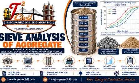 Sieve analysis of aggregate showing fine aggregate sieve series, coarse and fine aggregate, particle size distribution, grading curve and fineness modulus