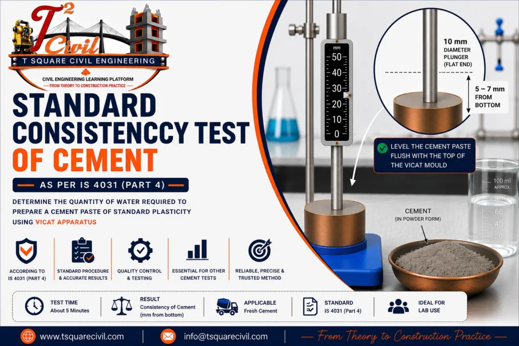 Standard Consistency Test of Cement using Vicat Apparatus showing 10 mm flat-ended plunger, level cement paste in Vicat mould, and 5–7 mm penetration from the bottom as per IS 4031 (Part 4).