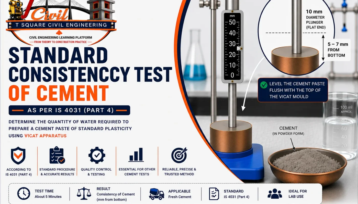 Standard Consistency Test of Cement using Vicat Apparatus showing 10 mm flat-ended plunger, level cement paste in Vicat mould, and 5–7 mm penetration from the bottom as per IS 4031 (Part 4).