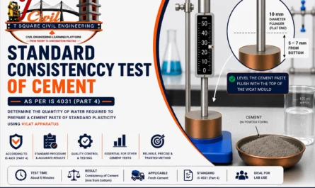 Standard Consistency Test of Cement using Vicat Apparatus showing 10 mm flat-ended plunger, level cement paste in Vicat mould, and 5–7 mm penetration from the bottom as per IS 4031 (Part 4).