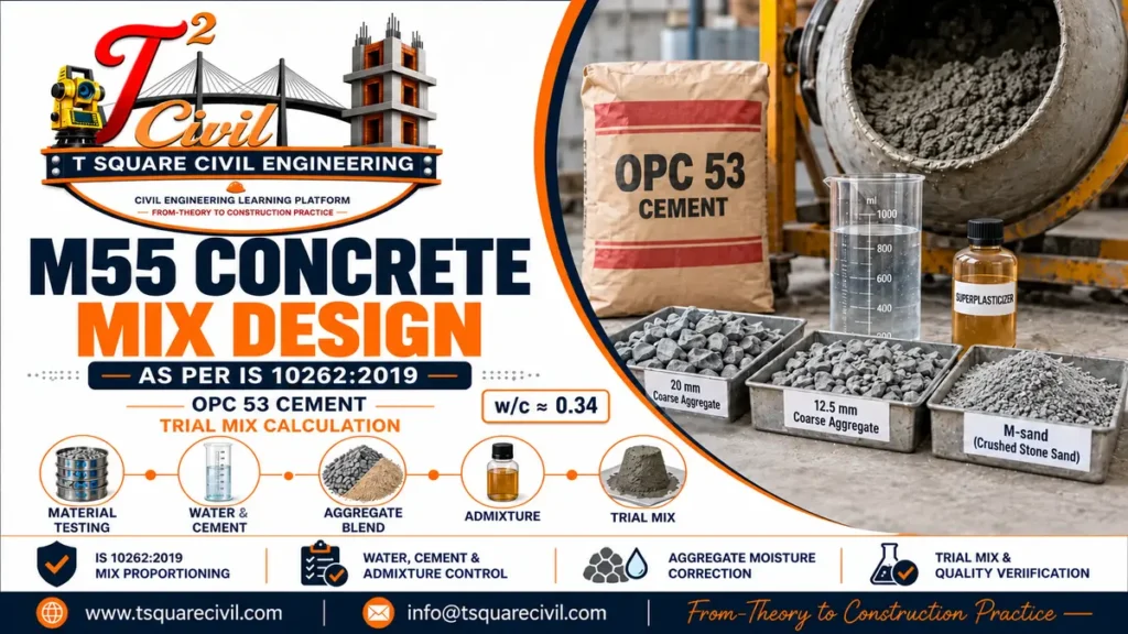 M55 concrete mix design using OPC 53 cement, 20 mm and 12.5 mm aggregate, M-sand and superplasticizer
