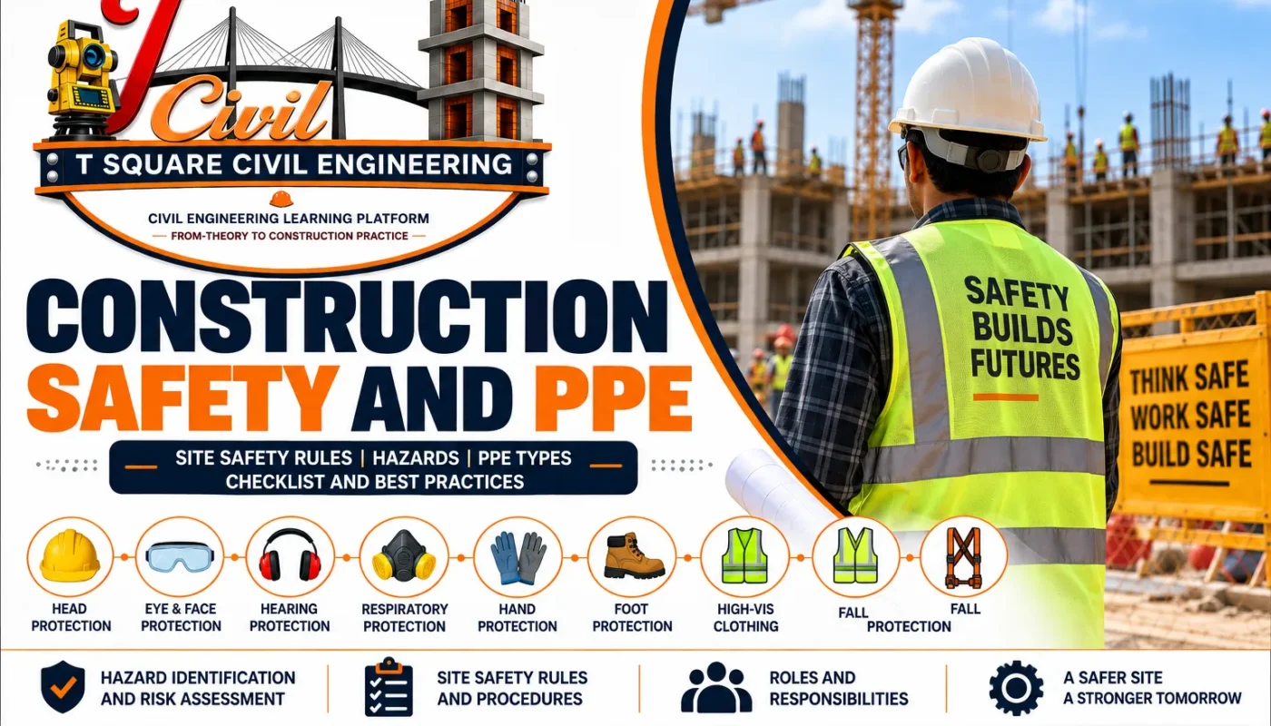 Construction safety and PPE guide showing safety helmet, goggles, hearing protection, respirator, gloves, safety shoes, high-visibility vest and fall protection