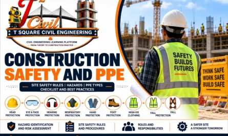 Construction safety and PPE guide showing safety helmet, goggles, hearing protection, respirator, gloves, safety shoes, high-visibility vest and fall protection