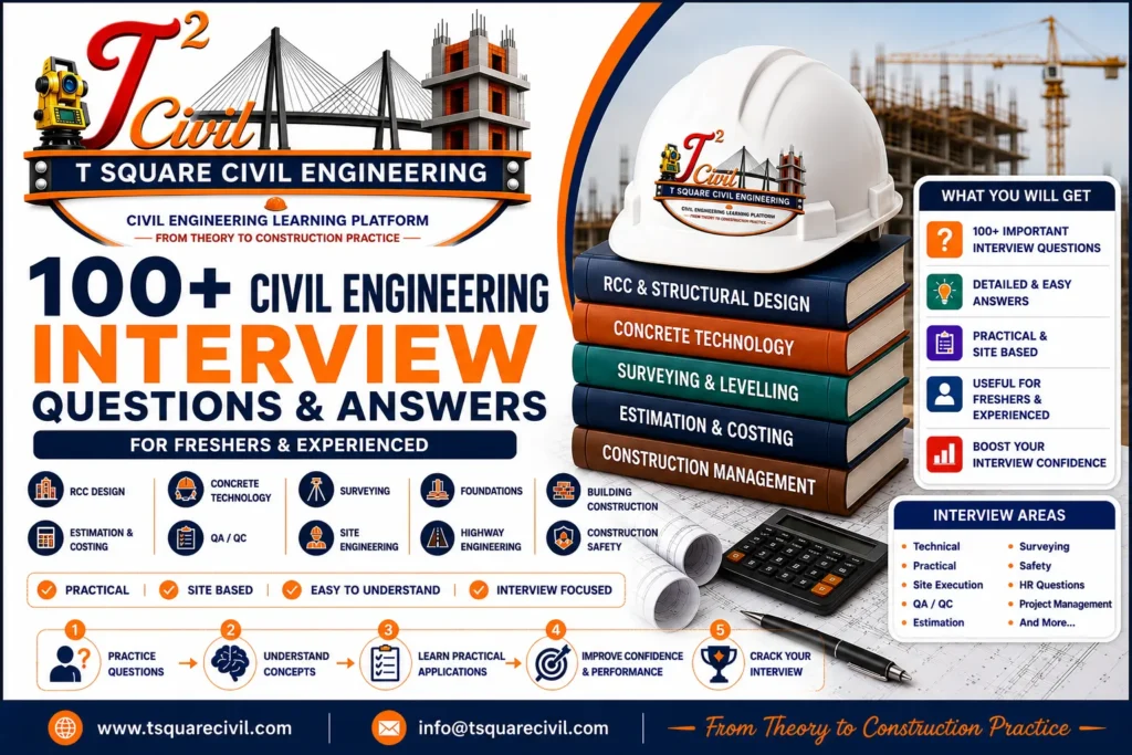 100+ Civil Engineering Interview Questions and Answers for Freshers and Experienced Engineers covering RCC, Concrete Technology, Surveying, QA QC, Estimation and Site Engineering.