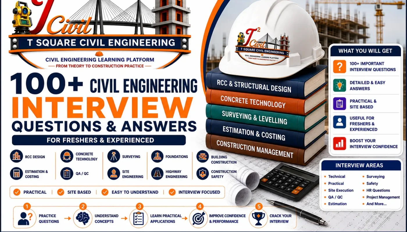 100+ Civil Engineering Interview Questions and Answers for Freshers and Experienced Engineers covering RCC, Concrete Technology, Surveying, QA QC, Estimation and Site Engineering.