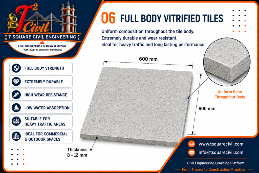 Full body vitrified tiles used in building construction showing properties advantages thickness and applications