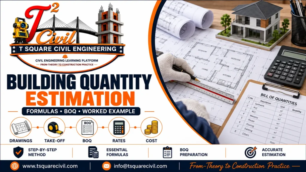 Building quantity estimation using drawings, quantity take-off, BOQ, rates and worked example