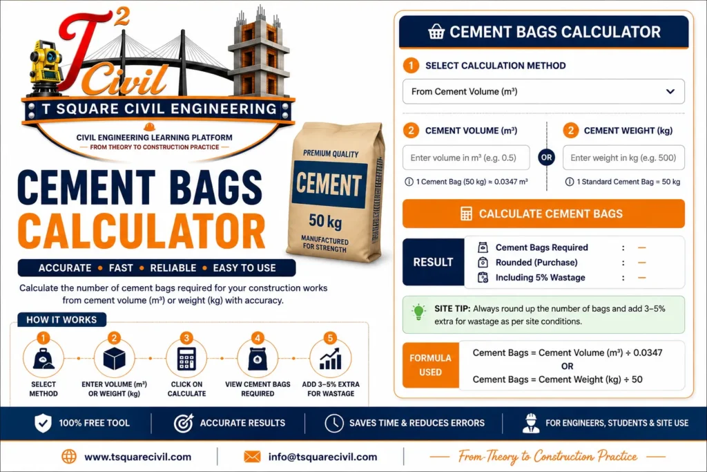 Cement Bags Calculator for calculating cement quantity and number of cement bags required for concrete construction works