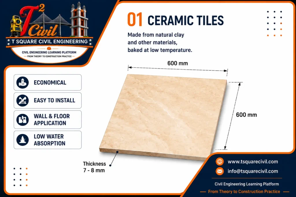 Ceramic tiles used in building construction showing properties advantages thickness and applications