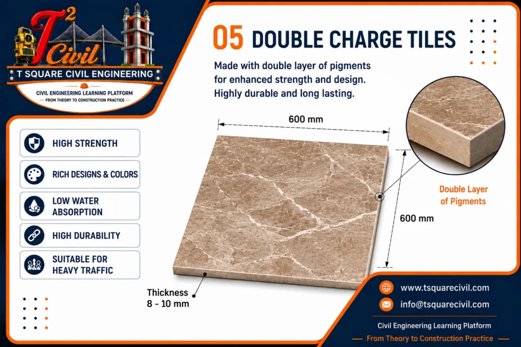 Double charge vitrified tiles used in building construction showing properties advantages thickness and applications
