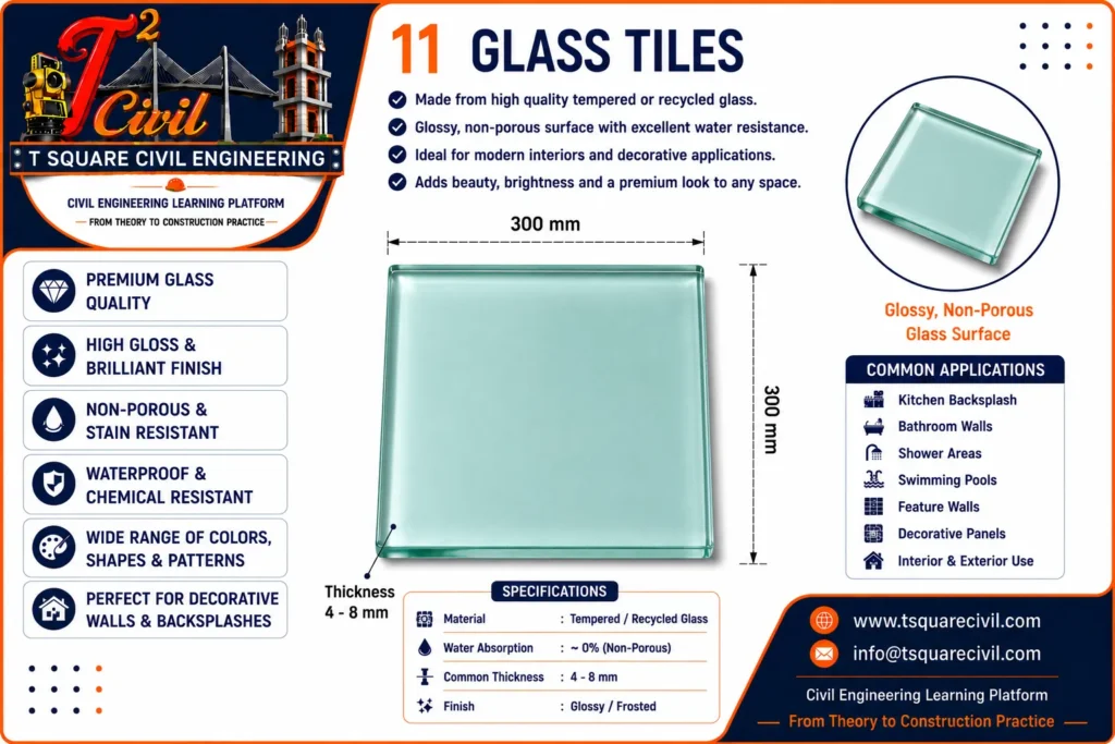 Glass tiles used in building construction showing premium glass tile, properties, dimensions, specifications and applications for kitchen, bathroom and swimming pool