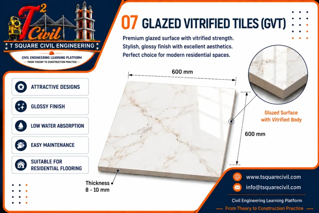 Glazed vitrified tiles GVT used in building construction showing glossy finish properties advantages and applications