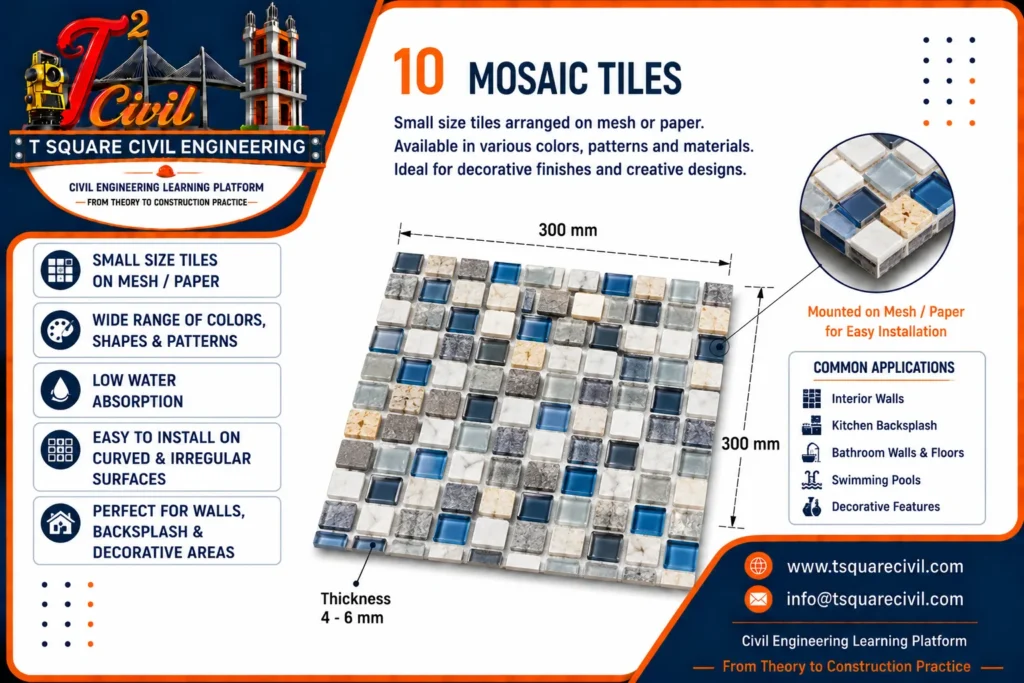 Mosaic tiles used in building construction showing properties applications dimensions and decorative flooring and wall designs