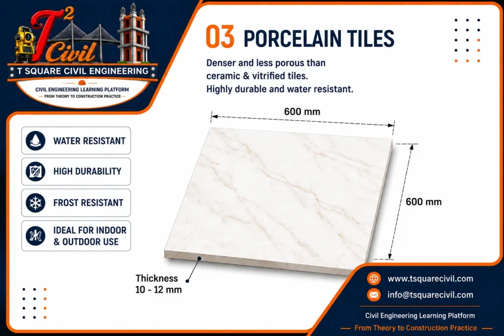 Porcelain tiles used in building construction showing properties advantages thickness and applications