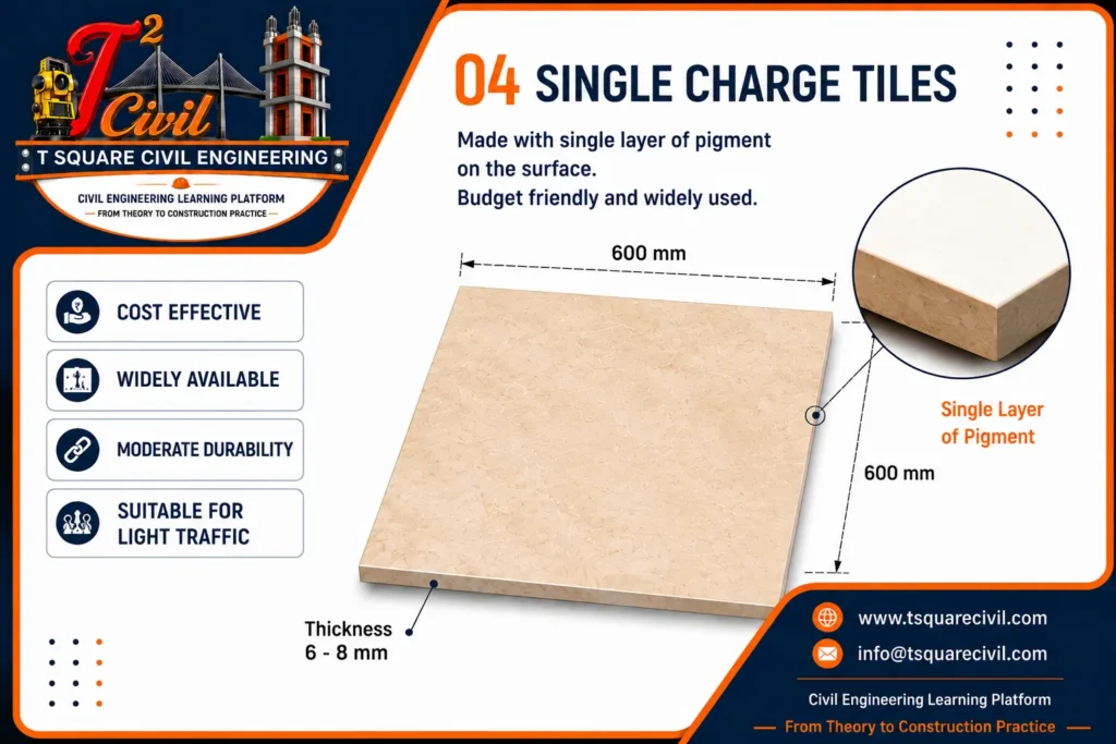 Single charge vitrified tiles used in building construction showing properties advantages thickness and applications
