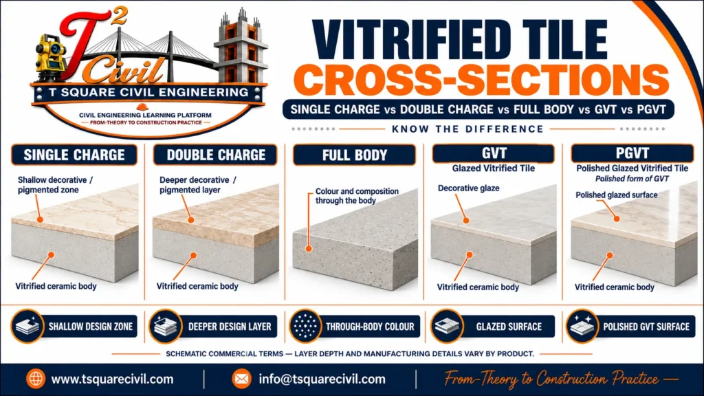 Single charge, double charge, full-body, GVT and PGVT vitrified tile cross-sections.