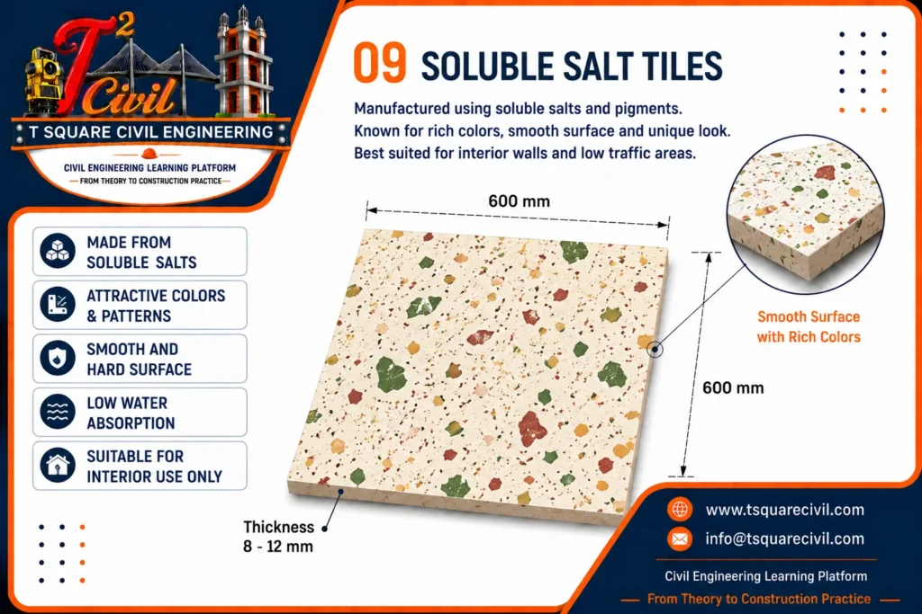Soluble salt tiles used in building construction showing properties advantages thickness and applications