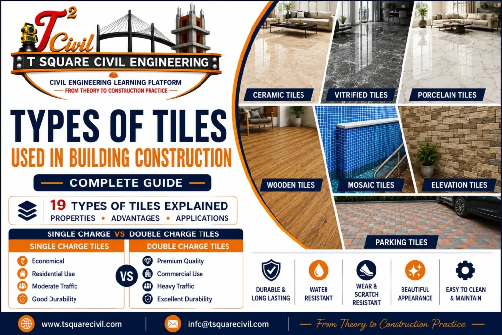Types of tiles used in building construction including ceramic vitrified porcelain single charge and double charge tiles