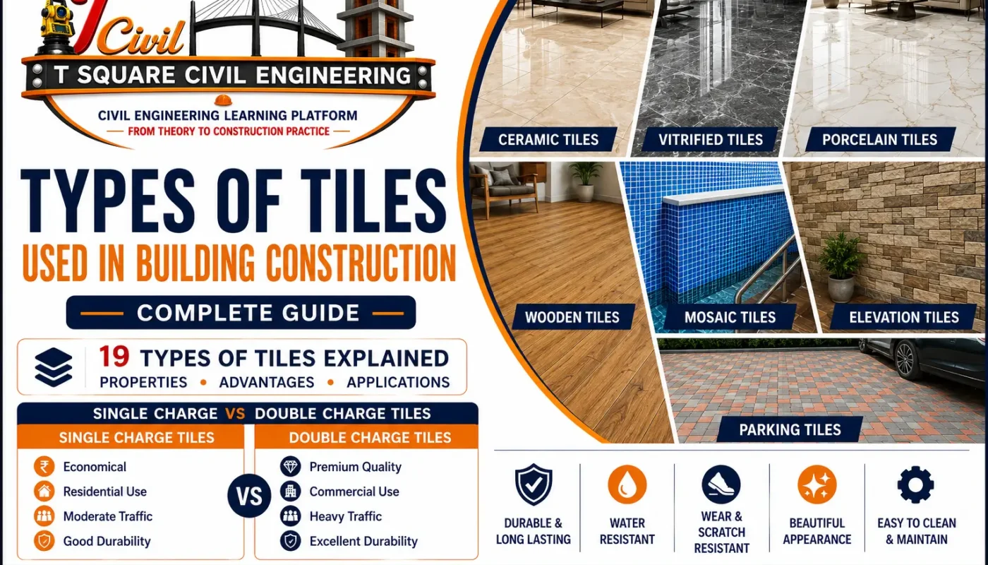 Types of tiles used in building construction including ceramic vitrified porcelain single charge and double charge tiles