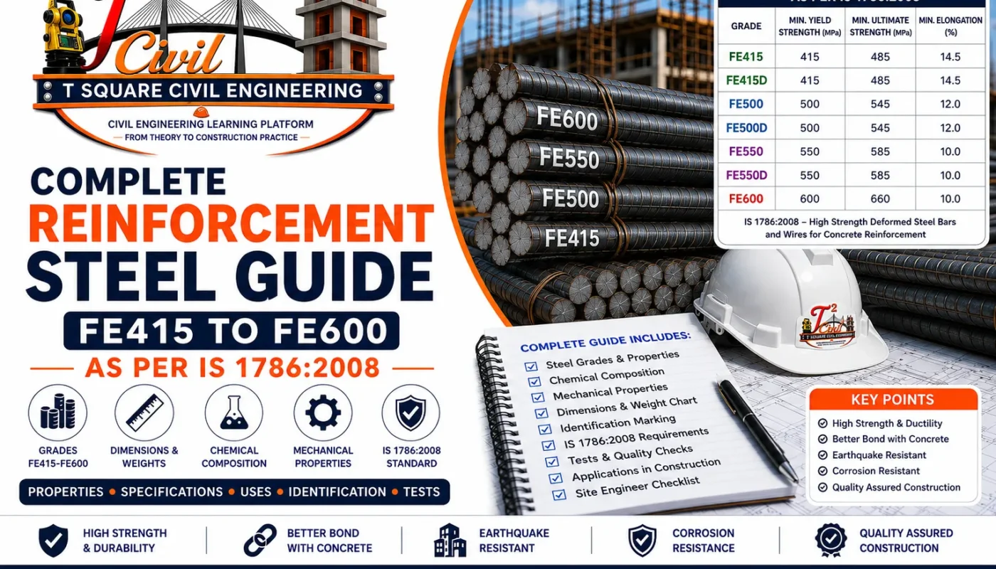 Complete reinforcement steel guide showing FE415 to FE600 steel grades as per IS 1786