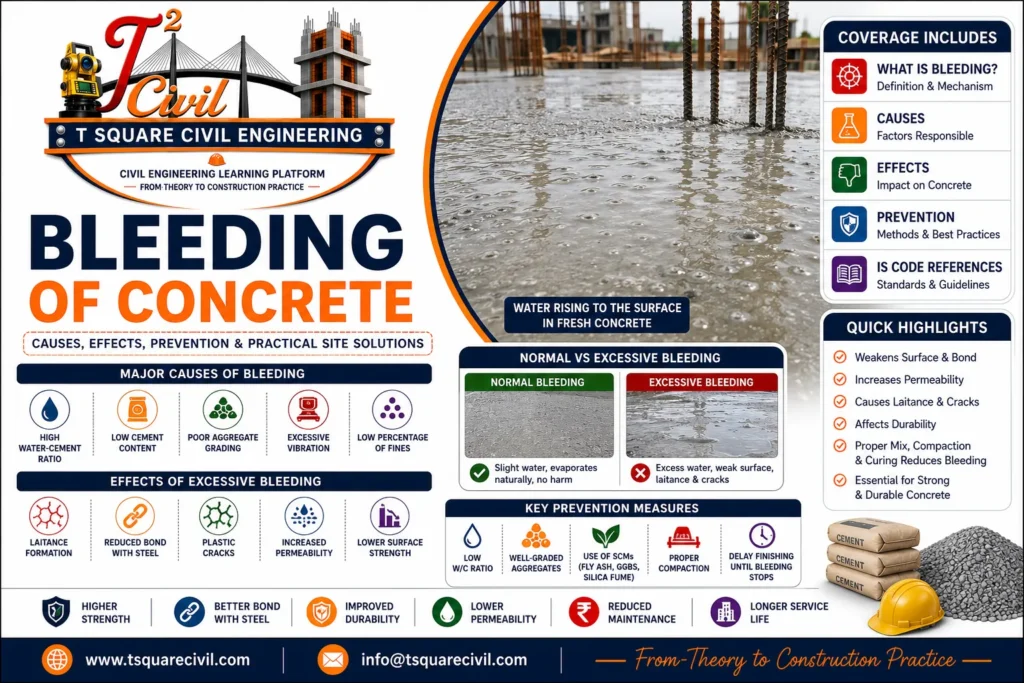 Bleeding of concrete showing water rising to the surface of freshly placed concrete with comparison of normal and excessive bleeding, causes, effects, prevention methods, and practical site solutions.
