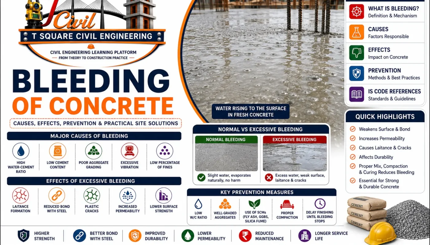 Bleeding of concrete showing water rising to the surface of freshly placed concrete with comparison of normal and excessive bleeding, causes, effects, prevention methods, and practical site solutions.
