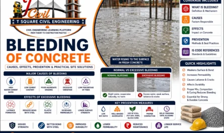 Bleeding of concrete showing water rising to the surface of freshly placed concrete with comparison of normal and excessive bleeding, causes, effects, prevention methods, and practical site solutions.