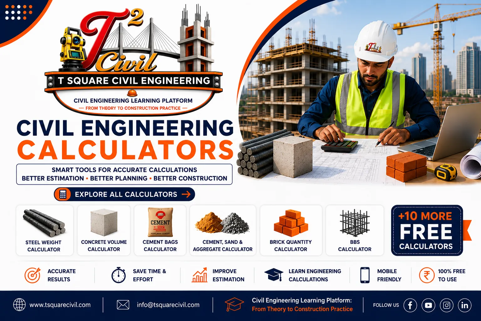 Civil Engineering Calculators banner showing construction engineer using engineering drawings with free calculators for steel weight, concrete volume, cement bags, brick quantity, plaster, paint, BBS and house construction cost by TSquareCivil.