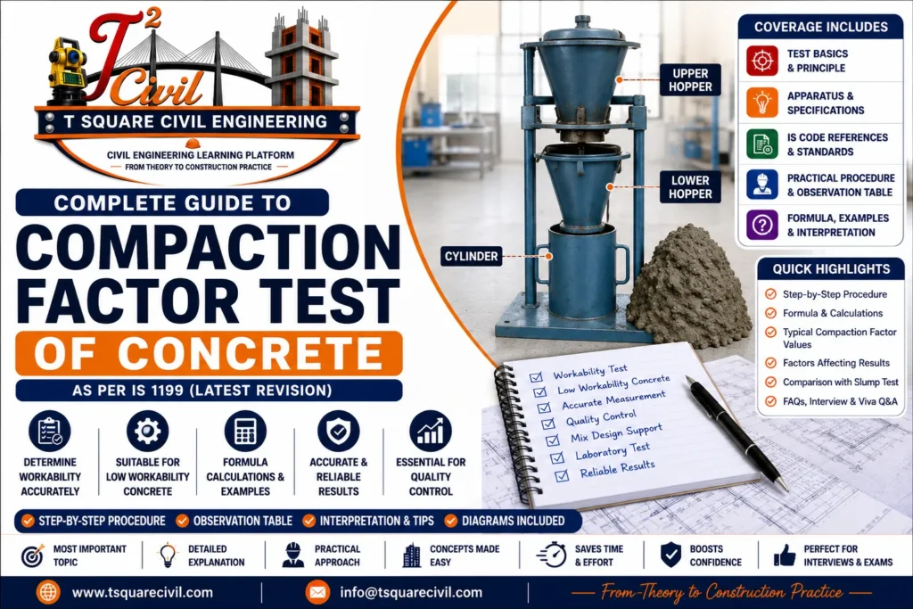 Compaction Factor Test of Concrete apparatus showing upper hopper, lower hopper and cylindrical mould for determining the workability of fresh concrete as per IS 1199.