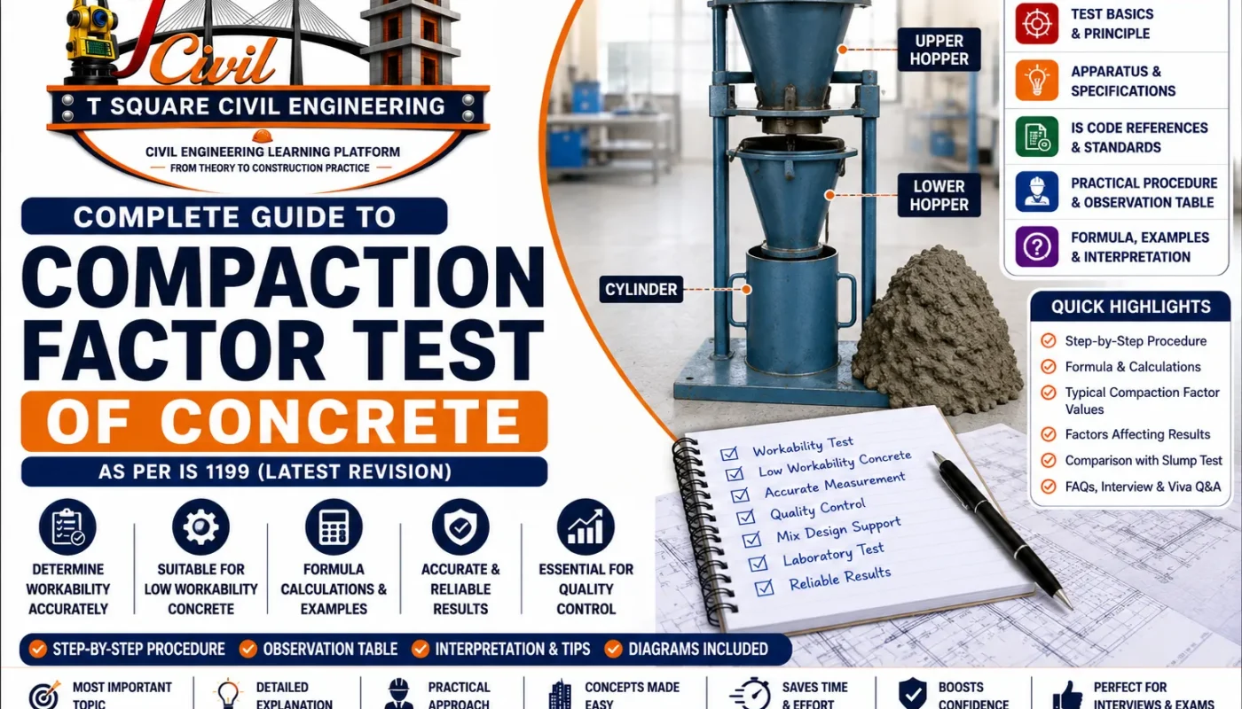 Compaction Factor Test of Concrete apparatus showing upper hopper, lower hopper and cylindrical mould for determining the workability of fresh concrete as per IS 1199.