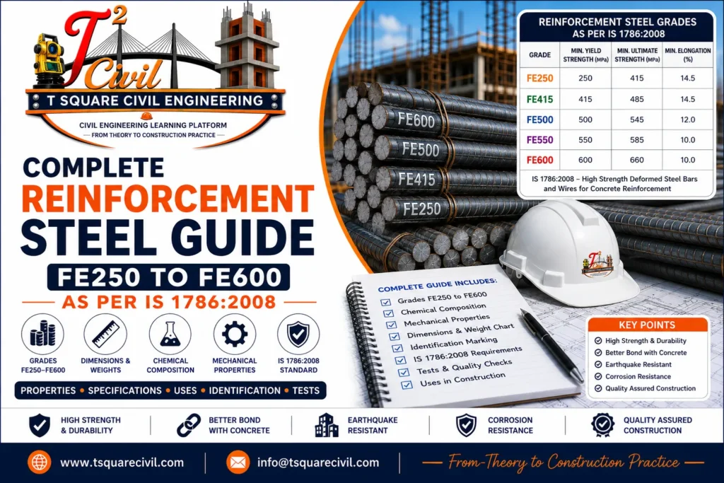 Complete Reinforcement Steel Guide showing Fe250, Fe415, Fe500 and Fe600 reinforcement steel grades with mechanical properties, dimensions, chemical composition, applications and IS 1786:2008 specifications for reinforced concrete construction.