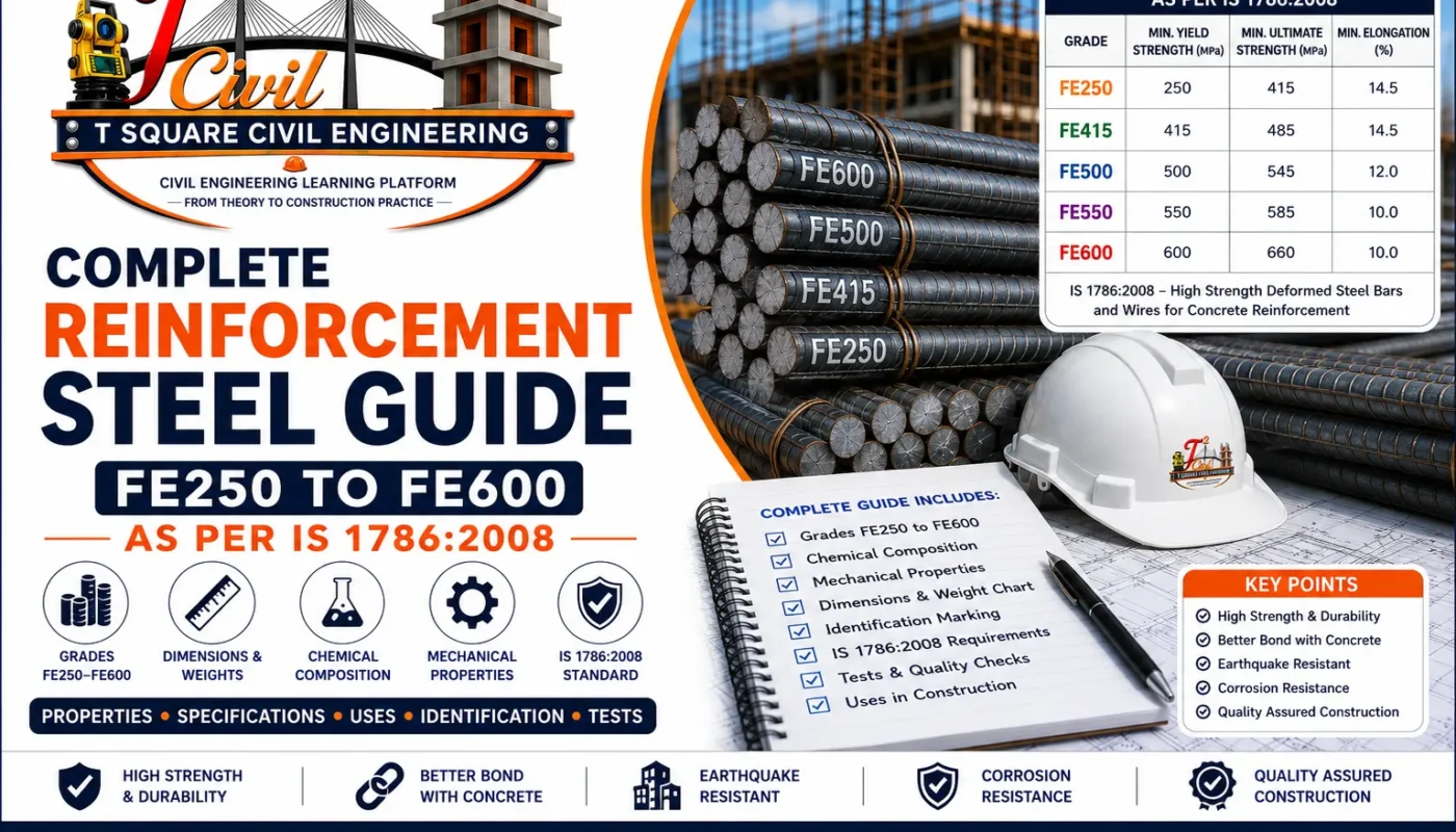Complete Reinforcement Steel Guide showing Fe250, Fe415, Fe500 and Fe600 reinforcement steel grades with mechanical properties, dimensions, chemical composition, applications and IS 1786:2008 specifications for reinforced concrete construction.