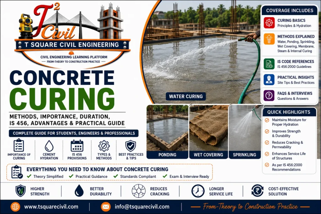 Concrete curing methods showing water curing, ponding, sprinkling, wet covering, membrane curing, and IS 456 guidelines for improving concrete strength and durability.