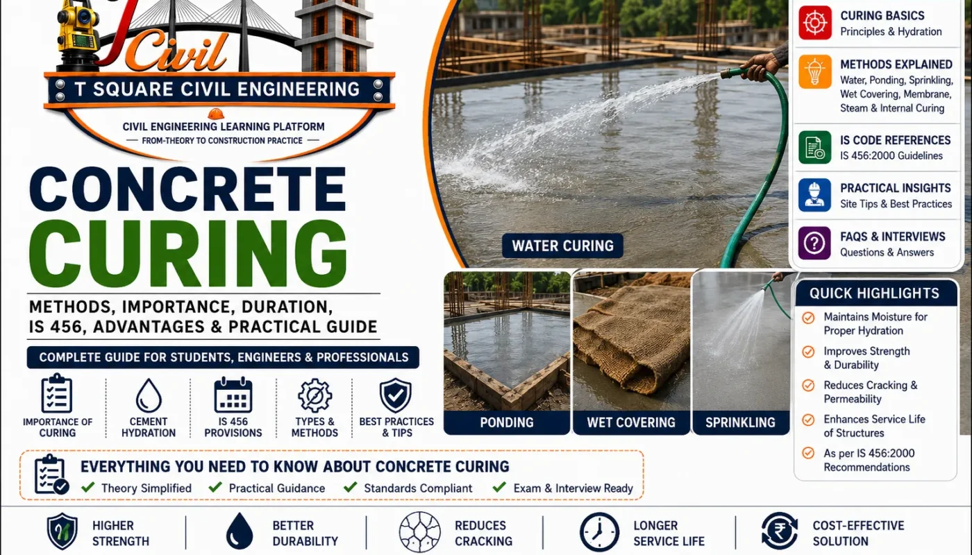 Concrete curing methods showing water curing, ponding, sprinkling, wet covering, membrane curing, and IS 456 guidelines for improving concrete strength and durability.