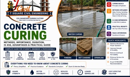 Concrete curing methods showing water curing, ponding, sprinkling, wet covering, membrane curing, and IS 456 guidelines for improving concrete strength and durability.