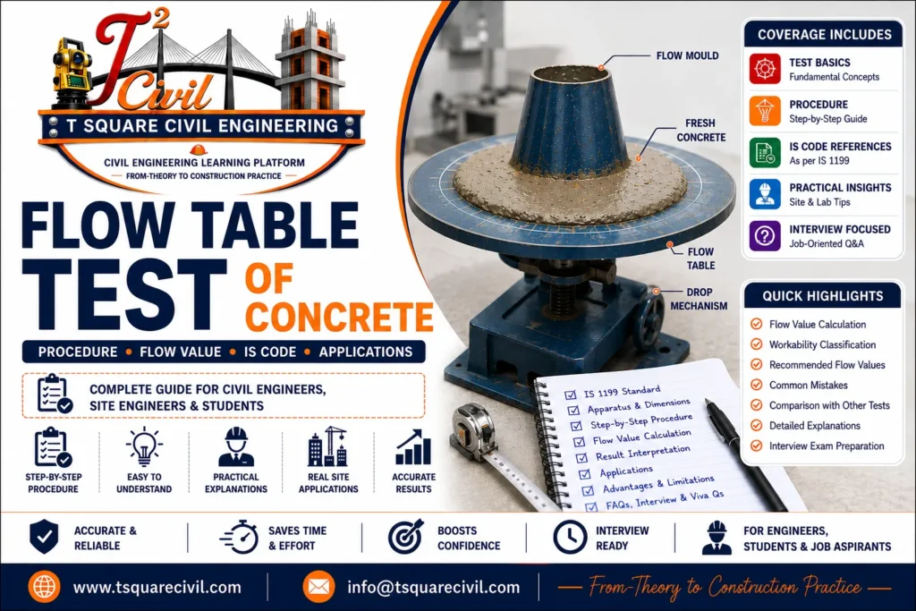 Flow Table Test of Concrete apparatus showing the flow table, flow mould, fresh concrete, drop mechanism, and spread measurement used to determine the workability of fresh concrete as per IS 1199.