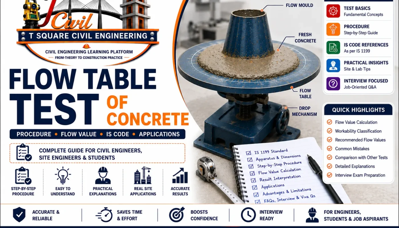 Flow Table Test of Concrete apparatus showing the flow table, flow mould, fresh concrete, drop mechanism, and spread measurement used to determine the workability of fresh concrete as per IS 1199.
