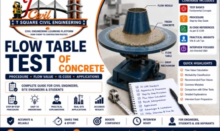 Flow Table Test of Concrete apparatus showing the flow table, flow mould, fresh concrete, drop mechanism, and spread measurement used to determine the workability of fresh concrete as per IS 1199.