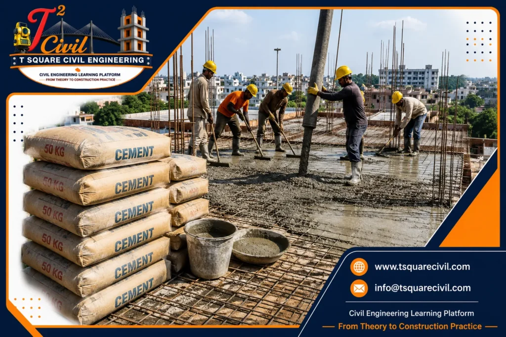 Real Site Example – Roof Slab Concreting with Cement Bags | TSquareCivil Workers pouring concrete on an RCC roof slab with stacked 50 kg cement bags during residential building construction. Real site example for cement quantity estimation using the TSquareCivil Cement Bags Calculator.